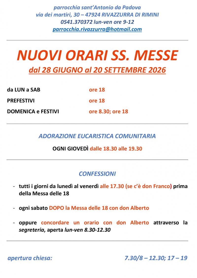 ORARI SS.MESSE ESTATE 2026